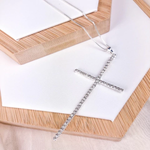 COLAR JOINHA FOLHEADO PRATA - CRUZ CRISTAL