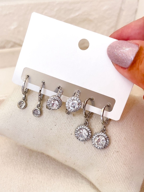 CARTELA 3 PARES TRIO BRINCO ARGOLINHA CRAVEJADA BIJU FINA - PRATEADO