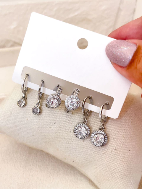 CARTELA 3 PARES TRIO BRINCO ARGOLINHA CRAVEJADA BIJU FINA - PRATEADO