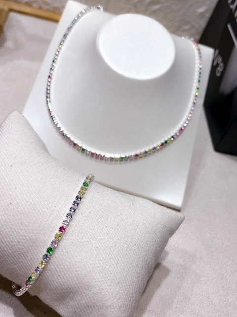 CONJUNTO COLAR E PULSEIRA FOLHEADO A PRATA - RIVIERA COLORIDA