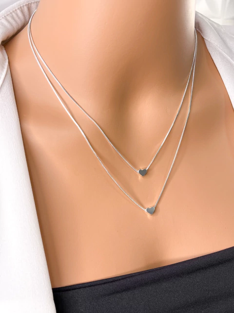 COLAR DUPLO FOLHEADA A PRATA - CORAÇÃO