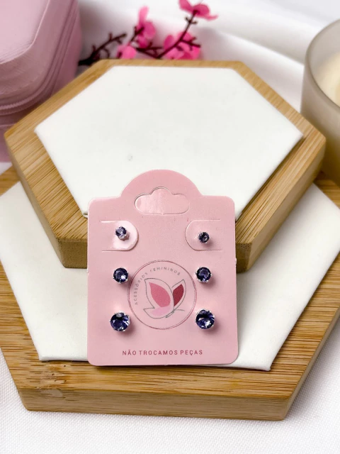 BRINCO TRIO FOLHEADO A PRATA - PONTOS ZIRCONIAS LILÁS