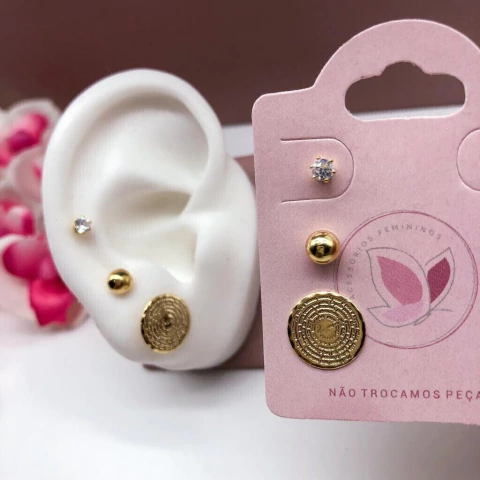 TRIO BRINCO FOLHEADO A OURO PONTO DE LUZ BOLINHA E PAI NOSSO