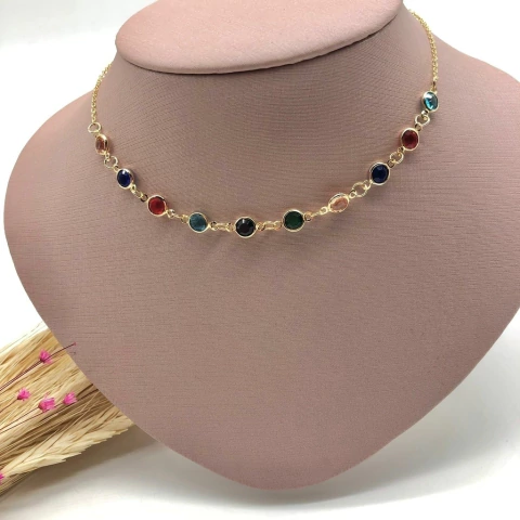 CHOKER FOLHEADO A OURO - TIFANY COLORIDA