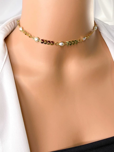 COLAR FOLHEADO A OURO - SETA COM PEROLA