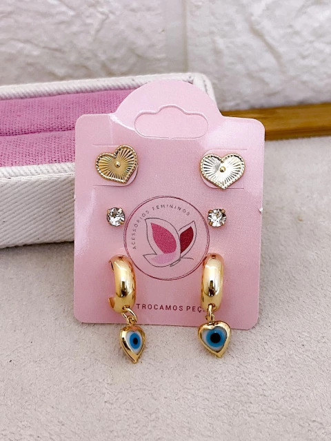 BRINCO CARTELA 3 PARES FOLHEADO A OURO