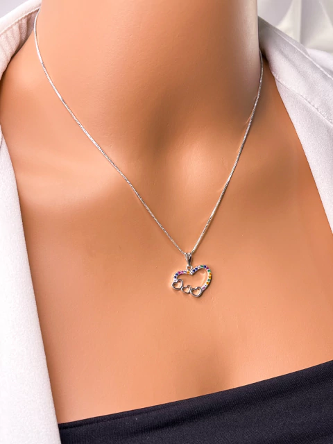 COLAR FOLHEADO A PRATA 925 CORAÇÃO CRAVEJADO COLORIDO