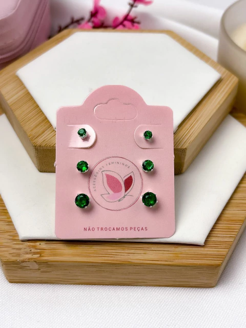 BRINCO TRIO FOLHEADO A PRATA - PONTOS ZIRCONIAS VERDE