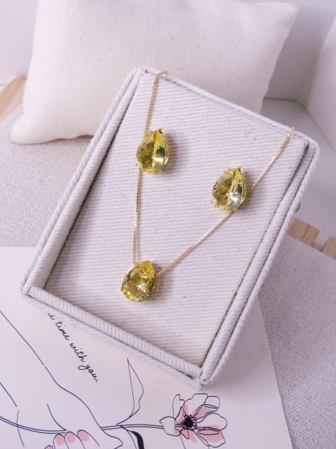 CONJUNTO FOLHEADO A OURO 18K PINGENTE ZIRCONIA GOTA AMARELO CITRINO