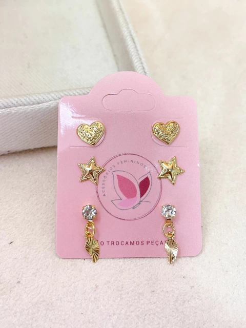 BRINCO CARTELA 3 PARES FOLHEADO A OURO