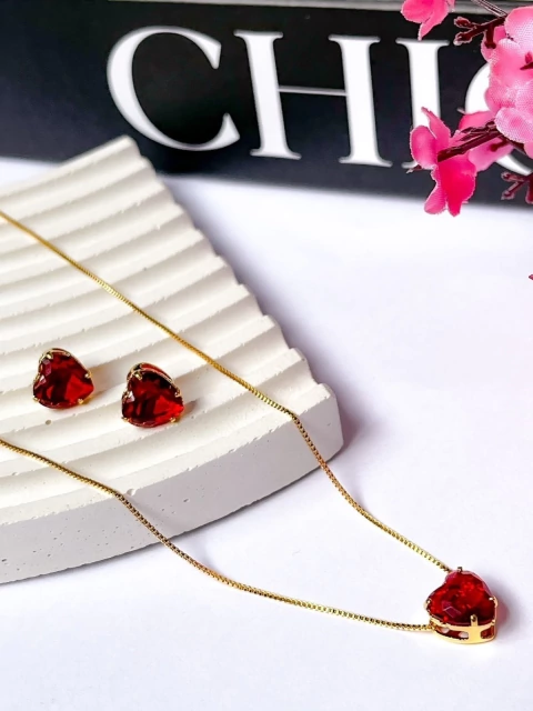 CONJUNTO FOLHEADO A OURO 18K PINGENTE ZIRCONIA CORAÇÃO VERMELHO