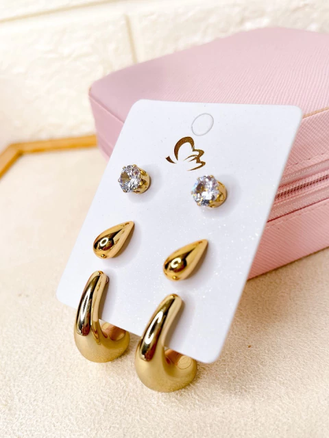 KIT BRINCO BIJU FINA CARTELA 3 PARES - DOURADO