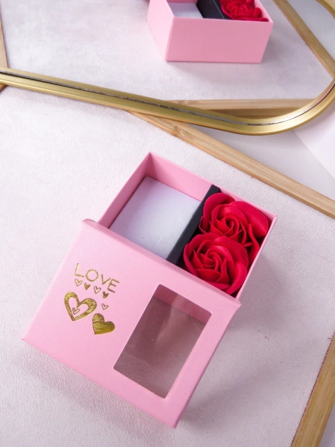 CAIXINHA PARA PRESENTE JOIAS BIJUTERIAS 7X9 LOVE COM FLORES LUXO - ROSA