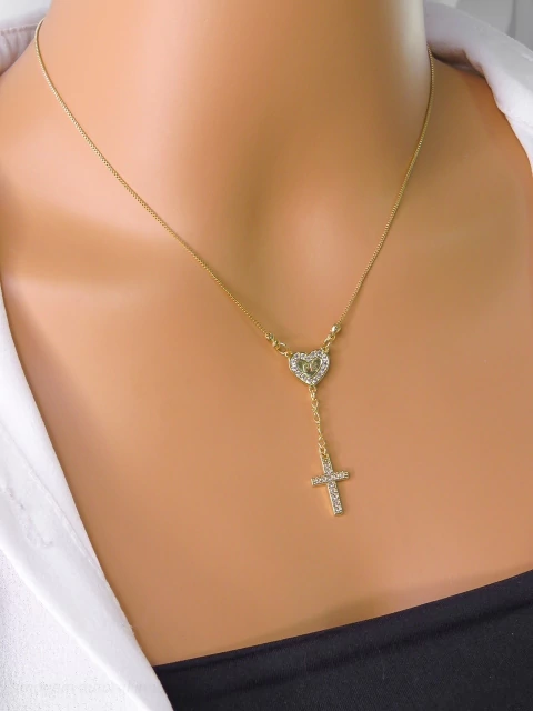 COLAR FOLHEADO A OURO - CORRENTE VENEZIANA PINGENTE CORAÇÃO CRAVEJADO FÉ