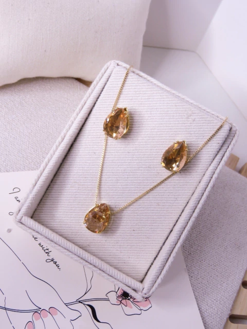 CONJUNTO FOLHEADO A OURO 18K PINGENTE ZIRCONIA GOTA ROSE PESSEGO