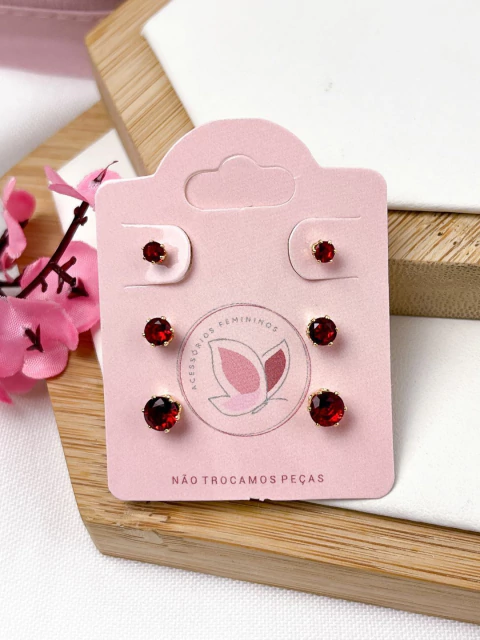 BRINCO TRIO FOLHEADO A PRATA - PONTOS ZIRCONIAS VERMELHO