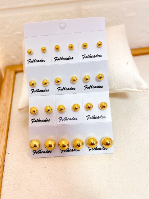 BRINCO CARTELA 12 PARES FOLHEADO A OURO - BOLINHAS