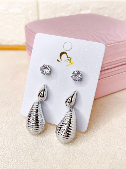 KIT BRINCO BIJU FINA CARTELA 3 PARES - PRATEADO