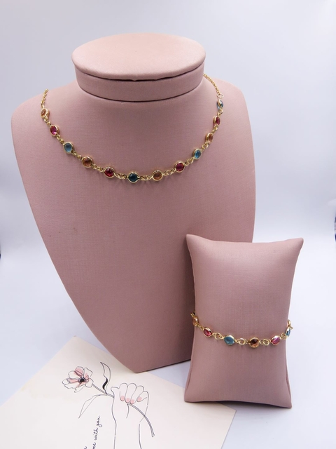 CONJUNTO JOINHA E PULSEIRA FOLHEADA DOURADO - TIFANY COLORIDO