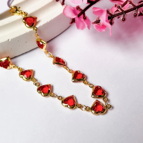 PULSEIRA FOLHEADA A OURO 18K - TIFANY CORAÇÃO VERMELHO