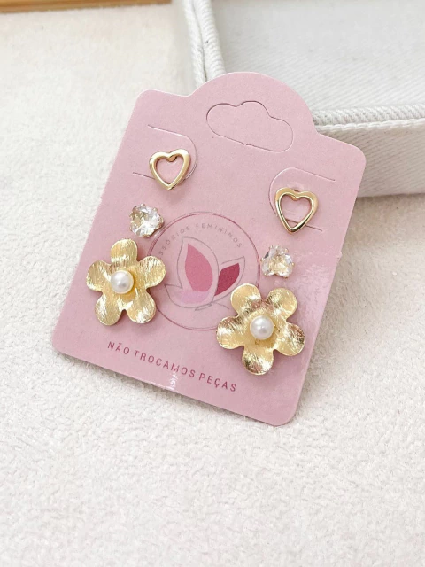 BRINCO CARTELA 3 PARES FOLHEADO A OURO