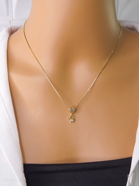 COLAR FOLHEADO A OURO - CORRENTE VENEZIANA FILHO CORAÇÃO CRAVEJADO ZIRCONIA