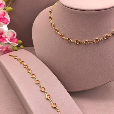 CONJUNTO CHOKER JOINHA E PULSEIRA FOLHEADA DOURADO - TIFANY ROSÊ PESSEGO