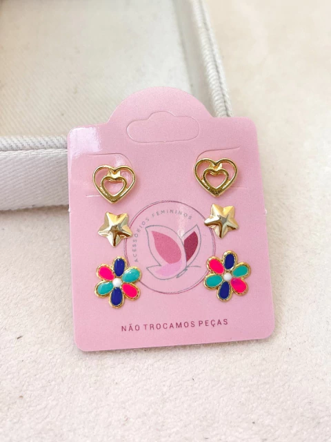 BRINCO CARTELA 3 PARES FOLHEADO A OURO