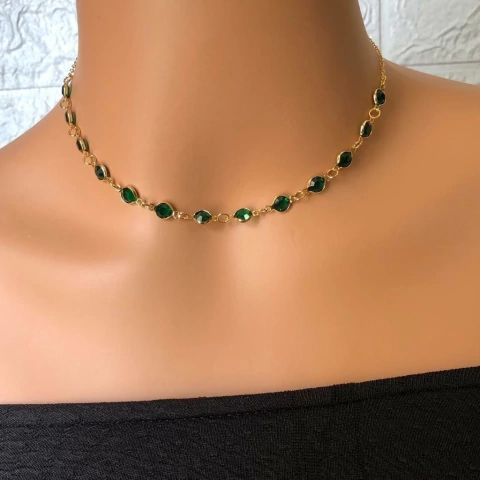 CHOKER JOINHA FOLHEADA DOURADA - VERDE ESMERALDA