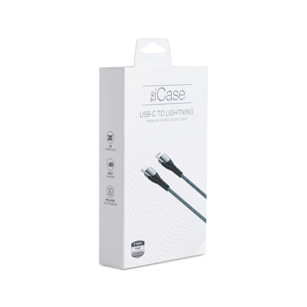 CABLE PREMIUM MALLADO ICASE TIPO C - LIGHTNING CARGA RAPIDA 2 M NEGRO/ GRIS (16597)
