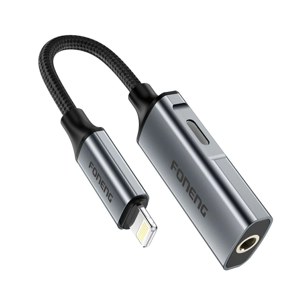 ADAPTADOR PREMIUM BM32 FONENG 2 EN 1 LIGHTNING - LIGHTNING / JACK 30CM GRIS (17987)