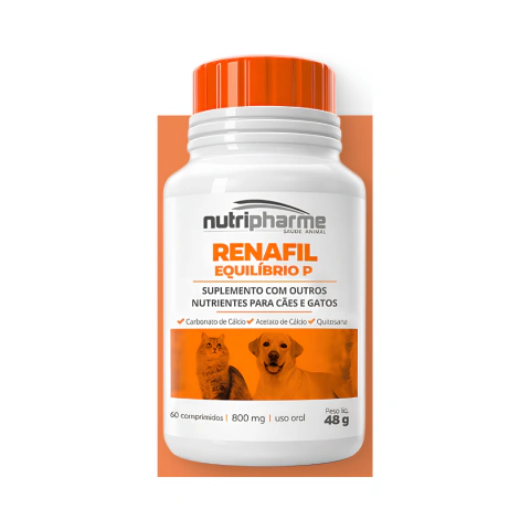 Frasco do suplemento Renafil Equilíbrio P para cães e gatos com 60 comprimidos da Nutripharme.