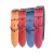 Coleiras de couro premium Tribus Pet em cores sortidas: laranja, vermelha, azul e rosa, alinhadas lado a lado.