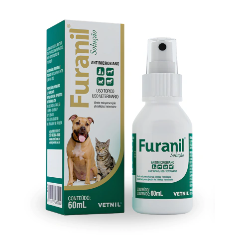 Frasco e embalagem do antisséptico Vetnil Furanil Pet Spray com clorexidina 60mL para cães e gatos