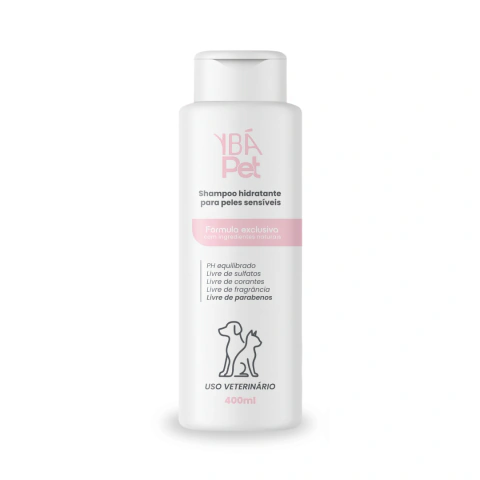 Frasco de Shampoo Hidratante Ybá Pet para peles sensíveis, indicado para cães e gatos, 400ml, com fórmula natural e livre de sulfatos, corantes, fragrância e parabenos.