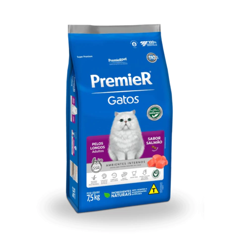 Ração Premier Ambientes Internos Pelos Longos para Gatos Adultos Sabor Salmão