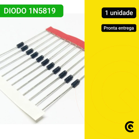 Imagem do Diodo 1N5819 Schottky 40V 1A encapsulamento DO-41, usado em fontes chaveadas, retificação rápida e proteção de circuitos.