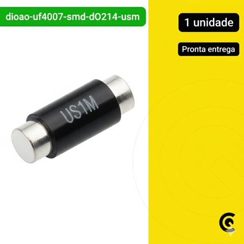 Diodo retificador UF4007 SMD DO214 US1M, uma unidade, em embalagem para pronta entrega. Componente eletrônico preto e prata, ideal para projetos de eletrônica.