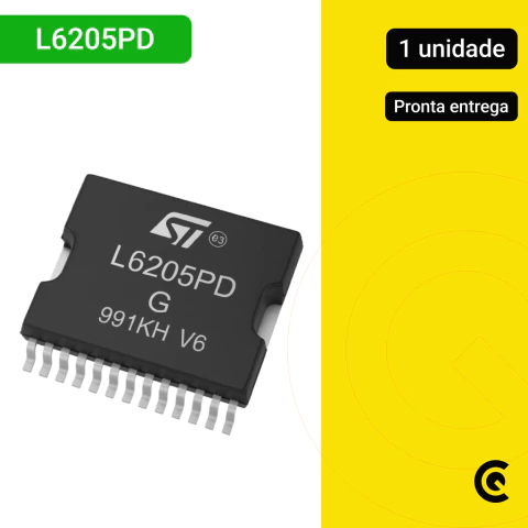 Circuito Integrado L6205PD – STMicroelectronics
Driver de ponte H dupla para controle de motores DC e de passo, encapsulamento PowerSO20, alta eficiência e proteção integrada.