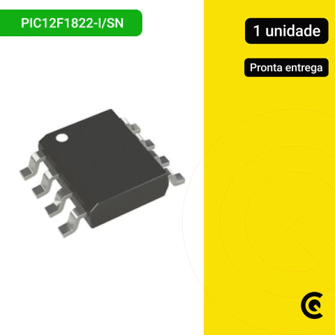 Imagem do microcontrolador PIC12F1822-I/SN Microchip, encapsulamento SOIC-8, 8 bits, 32MHz. Ideal para automação, sistemas embarcados e projetos eletrônicos.