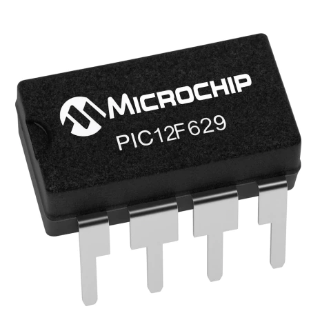Imagem em alta resolução do microcontrolador PIC12F629-I/P da Microchip em encapsulamento DIP-8, indicado para automação, IoT e eletrônica educacional.