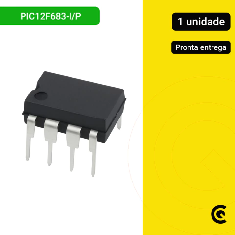 Imagem do microcontrolador PIC12F683-I/P Microchip, encapsulamento DIP-8, 8 bits, 20MHz. Ideal para prototipagem, automação e sistemas embarcados.