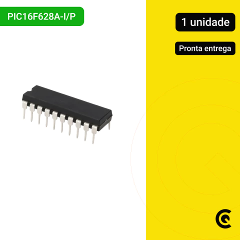 Imagem em alta resolução do microcontrolador PIC16F628A-I/P da Microchip, encapsulamento DIP-18, ideal para automação, Arduino e sistemas embarcados.