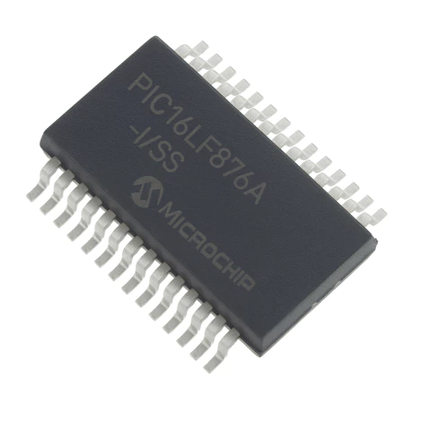 Imagem em alta resolução do microcontrolador PIC16LF876A-I/SS da Microchip em encapsulamento SSOP-28 (SMD), ideal para projetos de automação, IoT e sistemas embarcados.