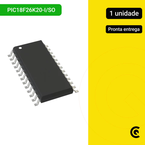 Foto do microcontrolador PIC18F26K20-I/SO da Microchip em encapsulamento SOIC-28. Microcontrolador de 8 bits, baixo consumo de energia, ideal para automação, sistemas embarcados e aplicações industriais.
