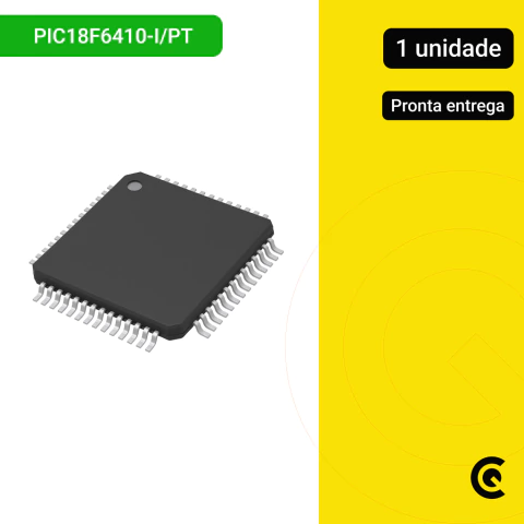 Microcontrolador PIC18F6410-I/PT da Microchip em encapsulamento TQFP-64, ideal para aplicações embarcadas e projetos eletrônicos avançados. Alta performance, baixo consumo e confiabilidade para sistemas industriais, automação e desenvolvimento de hardware