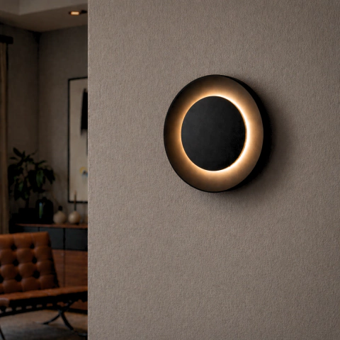 Plafón aplique circular negro con luz LED cálida instalado en pared interior de ambiente moderno