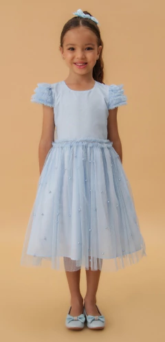 Vestido Infantil Festa Azul Princesa Brilhos e Pérolas