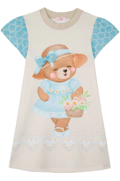 Vestido Infantil Menina Bege e Mangas Azuis Bordadas - comprar online