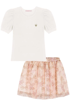 Conjunto Infantil Menina Laço Bege Kukie Saia Tule Estampado - comprar online